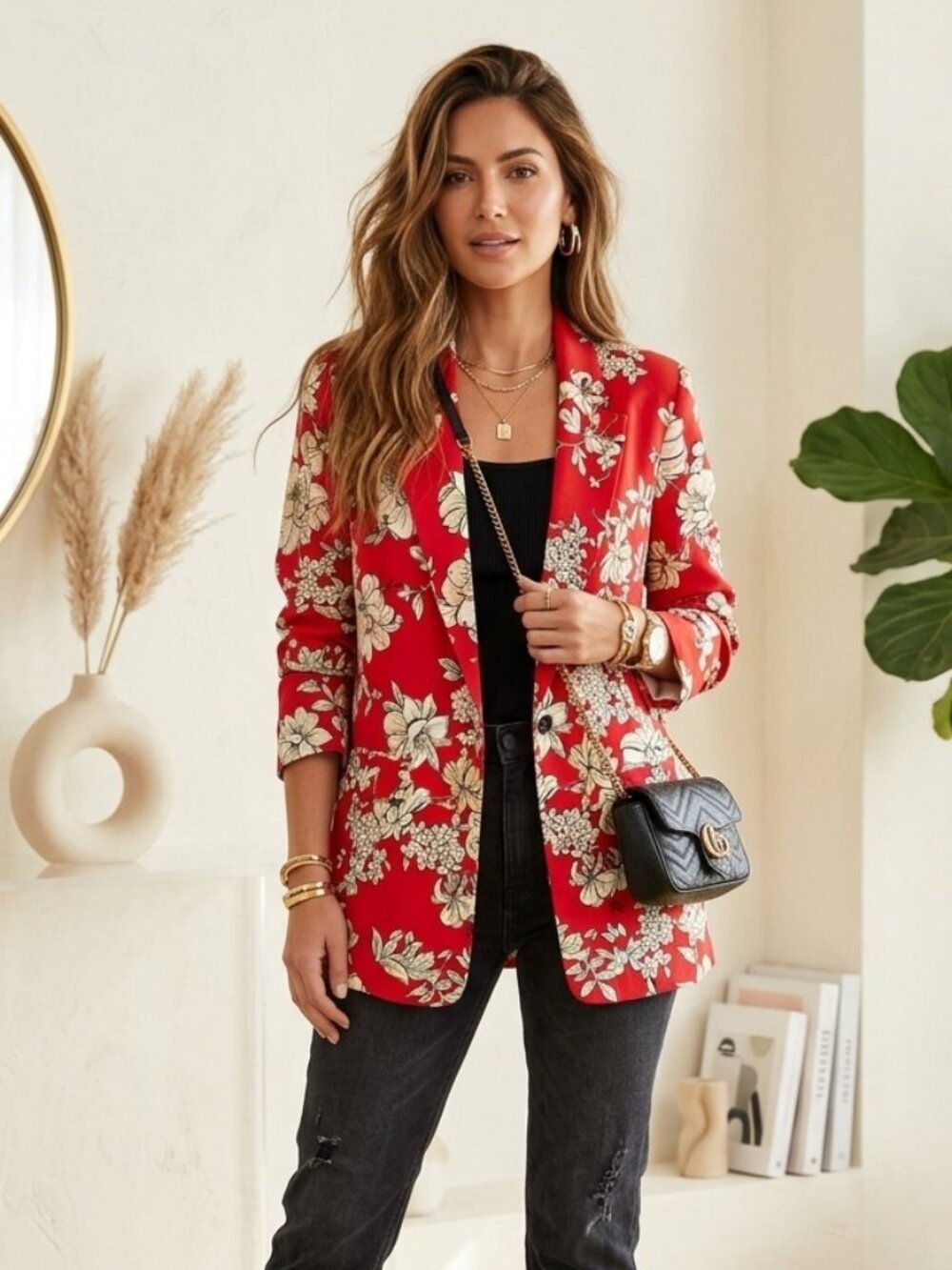 Zara Red White Floral Open Front Blazer Jacket